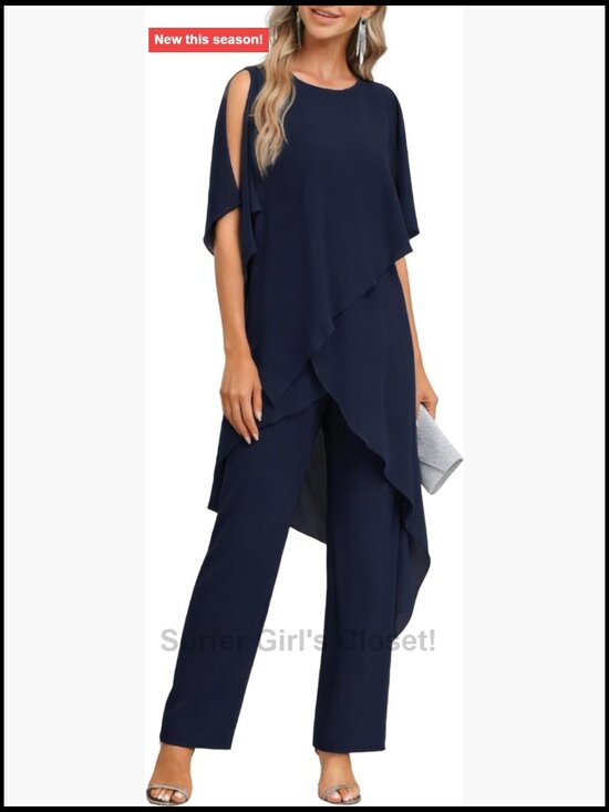 Pants - 2 Piece Chiffon Dressy Pants Suit Set Mother of Bride Wedding Guest Outfits